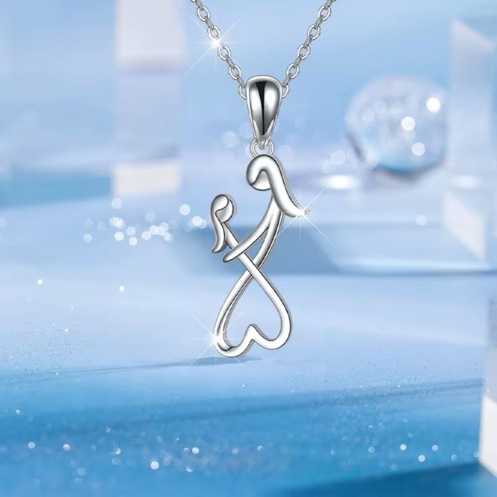 Mother Daughter Embrace Silver Charm Necklace Heart Pendant Gift Adjustable